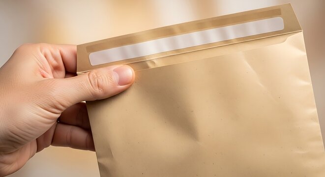 Hand holding a brown padded envelope for shipping and mailing