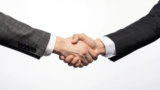 Business partners in suits shaking hands on white background