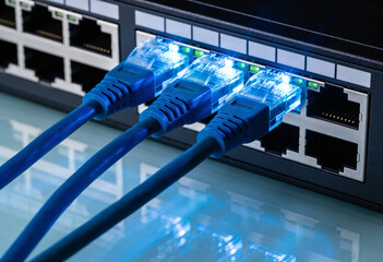 Fototapeta na wymiar Close-up of three blue network cables plugged into an illuminated ethernet switch, showing active data connections.