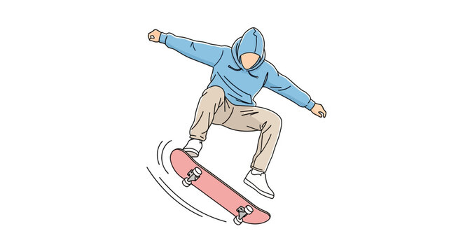 A skateboarder performs an aerial trick in a dynamic, energetic illustration.