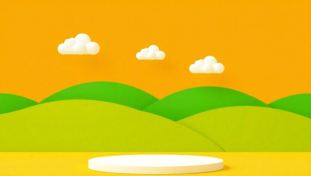 Bright cartoon landscape with rolling hills and fluffy clouds above a white podium