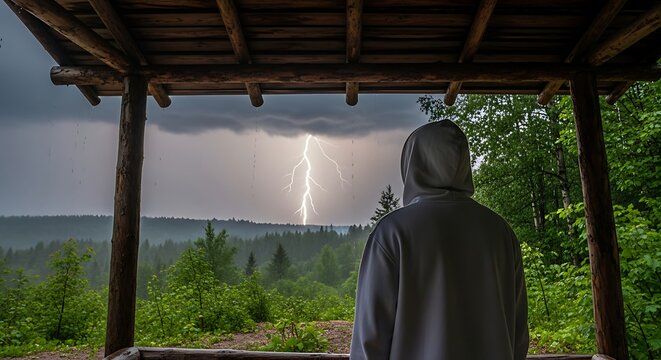 Man in hoodie watching a powerful lightning strike over a dense forest from a wooden shelter during a dramatic thunderstorm