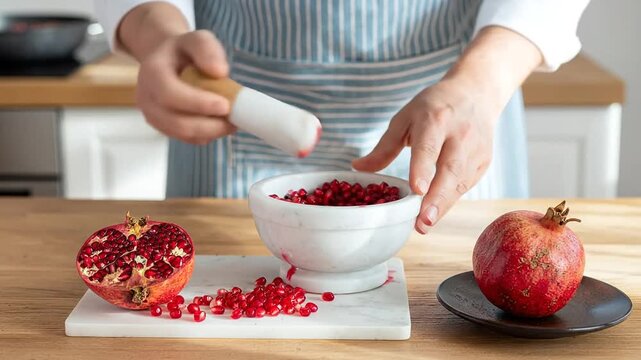 Chef crushing pomegranate seeds with mortar and pestle in kitchen