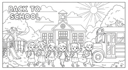 Naklejka premium Children happily walking towards school building and bus carrying backpacks on sunny day with playground elements and clouds in the background