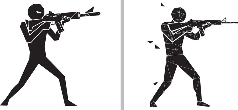 Soldier silhouettes holding rifles isolated on white background geometric low poly vector illustration