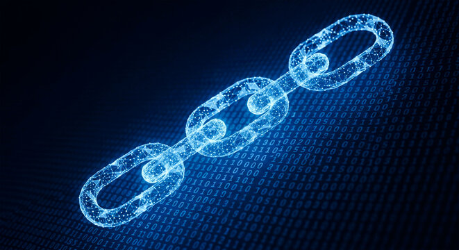 Digital vector illustration of a blockchain network link with glowing lines and dots on a binary code background.