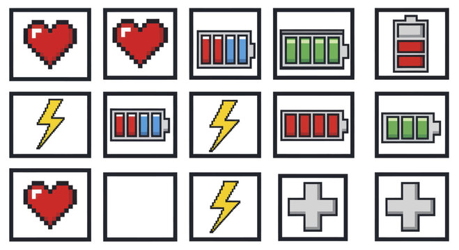 Pixel art game interface elements including hearts, lightning bolts, and battery icons.