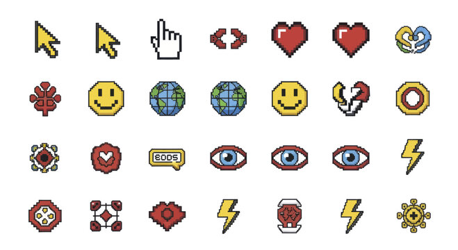 Pixel Art Icons Collection Featuring Cursors Hearts Emojis and Symbols.