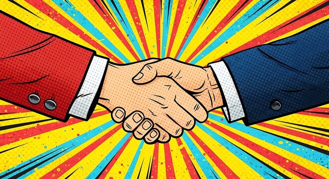 Professional handshake captured with sharp focus and high key lighting against a dynamic radial background with vibrant saturation. This bold composition is perfect for corporate marketing campaigns.