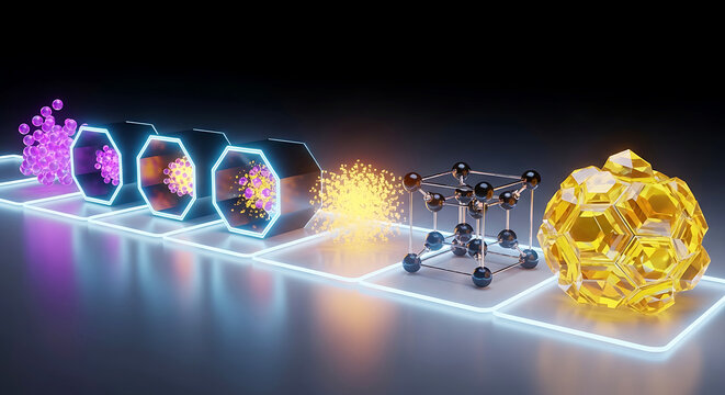 Molecular transformation process purple particles to yellow geodesic sphere science technology