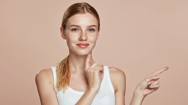Freckled young woman pointing finger at copy space