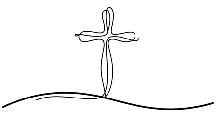 Fototapeta premium Minimalist Line Art Christian Cross Symbol with Wavy Ground Line