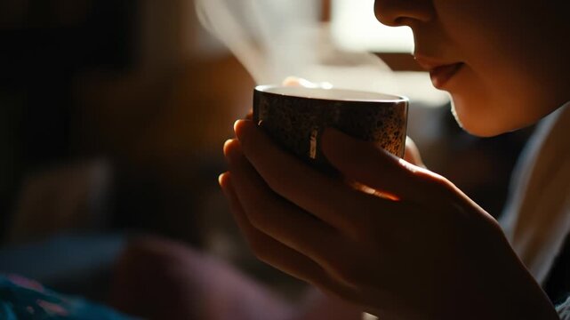 Close-Up of Person Holding Steaming Cup of Tea and Sipping Warm Beverage in Cozy Atmosphere