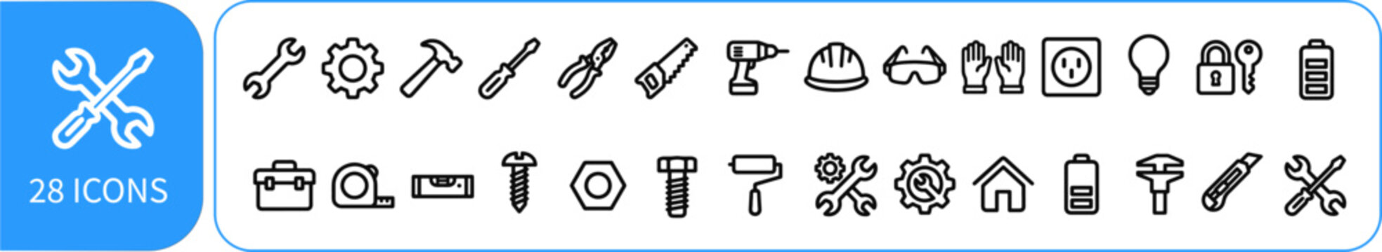 Industrial construction tools icon set, 28 linear vector symbols for home repair and DIY projects, professional hardware and equipment outline graphics