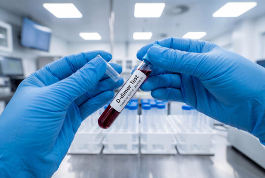 Medical professional holding d dimer blood test tube in clinical lab