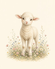 Fototapeta premium Charming watercolor baby lamb standing in a pastel wildflower meadow. Adorable nursery art perfect for Easter, baptism invitations, or cute spring-themed designs.