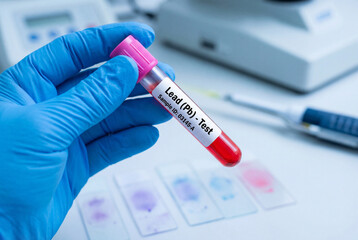 Fototapeta premium Hand holding lead pb blood test tube over lab slides