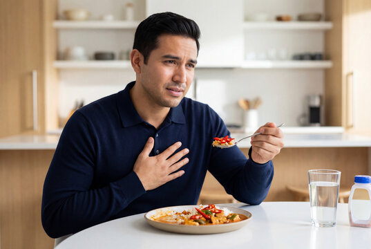 Hispanic man having heartburn while eating spicy meal at table