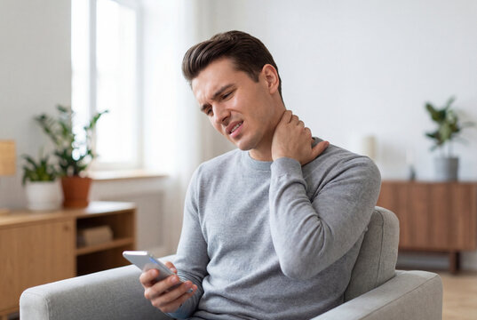Young man suffering from neck pain while using smartphone on sofa at home