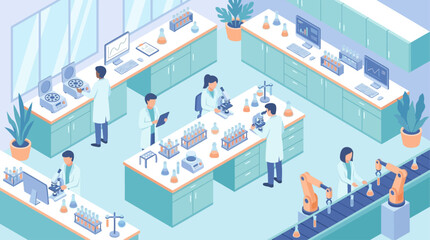 Fototapeta premium Isometric Hospital Laboratory Research Center with Scientists and Automation Robots for Medical Innovation and Biotech Development