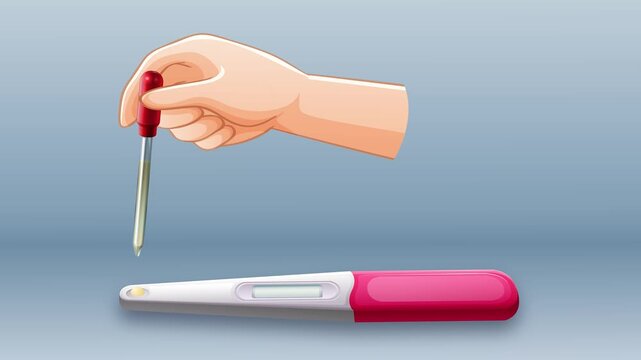 Animation showing positive pregnancy test result with urine dropper.