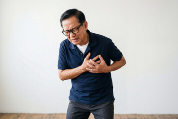 Fototapeta premium Older man tightly clutches his chest while experiencing a sudden sharp pain