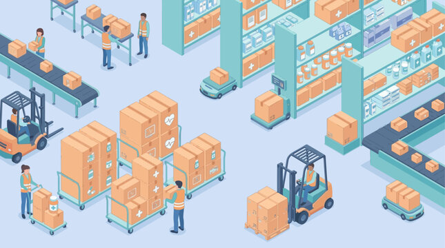 Isometric Medical Warehouse and Hospital Supply Chain Logistics Illustration with Workers and Forklifts