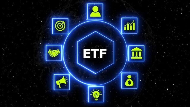 Etf stock market investment digital finance glow. Motion graphics displaying etf exchange traded funds concept with neon icons. Dynamic financial technology animation.