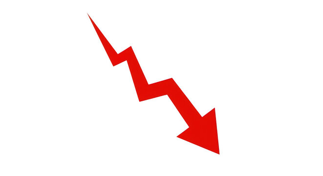 A bold red downward arrow with a jagged path indicating a sharp decline. isolated on transparent background