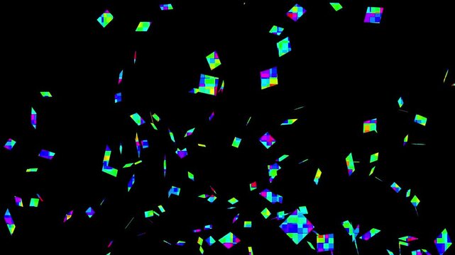 Confetti blast animation, colorful explosion with ribbons and glitter on black background, alpha channel compositing element, birthday party celebration effect, realistic falling confetti motion.4K