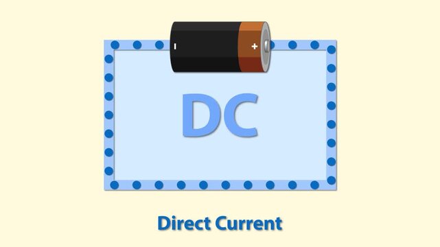 Animation of direct current flowing in circuit with battery and glowing lightbulbs indicating electricity generation and electron movement.