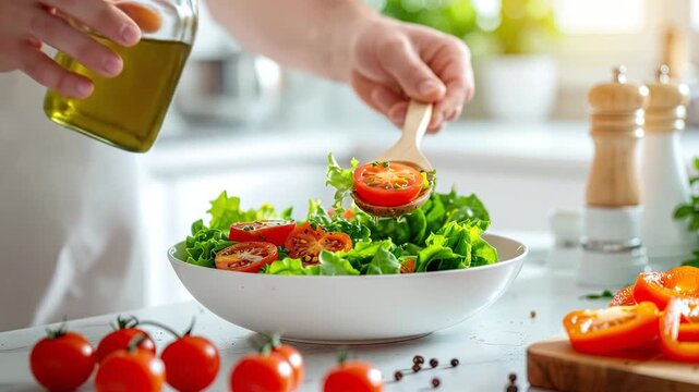 Person pouring olive oil on fresh vegetable salad in kitchen