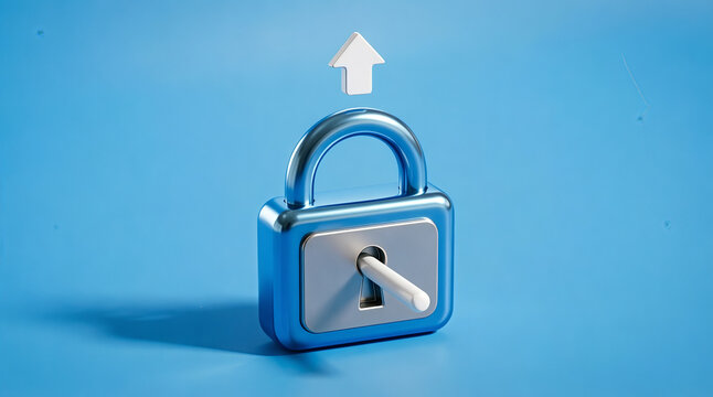 Padlock with white arrow pointing up and key inserted in shiny blue lock featuring metallic, security, safety with protection and upward elements for