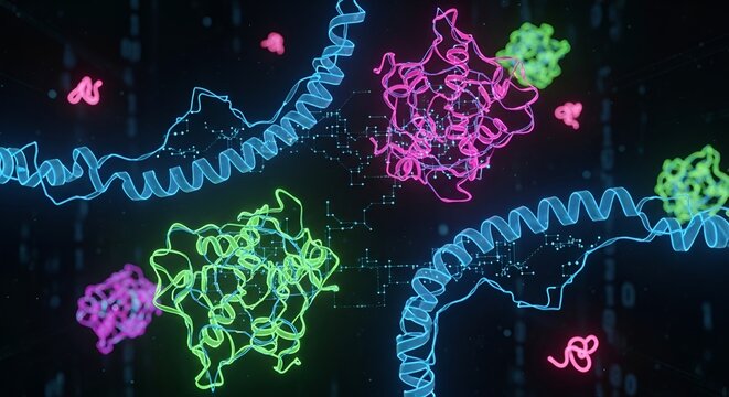 Neon Protein Structures and DNA Strands in Scientific Visualization.