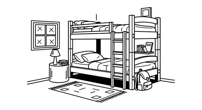Bunk bed in bedroom interior illustration black and white vector