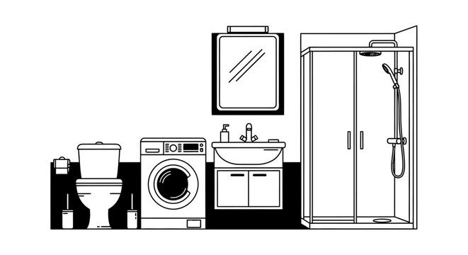 Clean bathroom illustration toilet shower sink mirror and washing machine