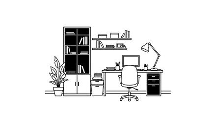 Minimalist home office interior illustration desk bookshelves and plant © galendra