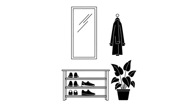 Minimalist entryway illustration with mirror coat shoe rack and plant