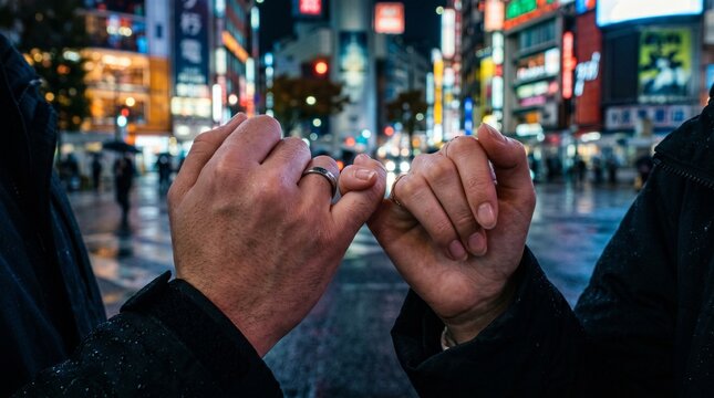 Close up of people's hands joining pinky fingers on a wet urban street at night with cinematic colorful neon lights for a lifelong commitment and mutual trust concept