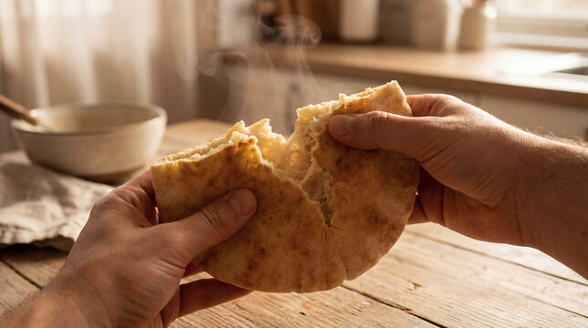 Hands Tearing Fresh Hot Flatbread with Rising Steam