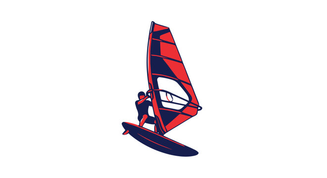 Windsurfer on a board with red and blue sail
