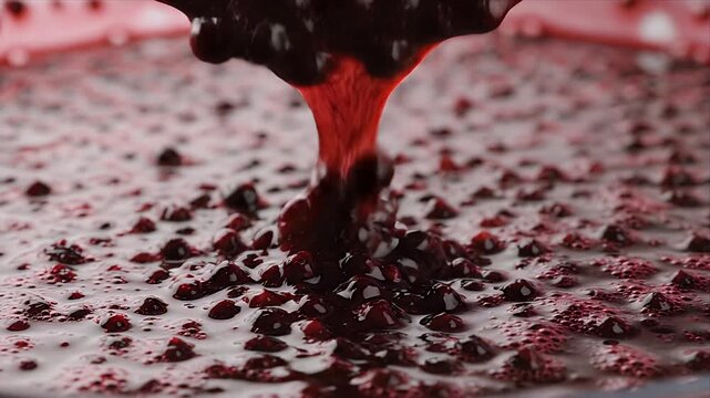 Pouring Deep Red Fermented Black Elderberries Liquid Filling a Container in Overhead Shot Food Fermentation Process for