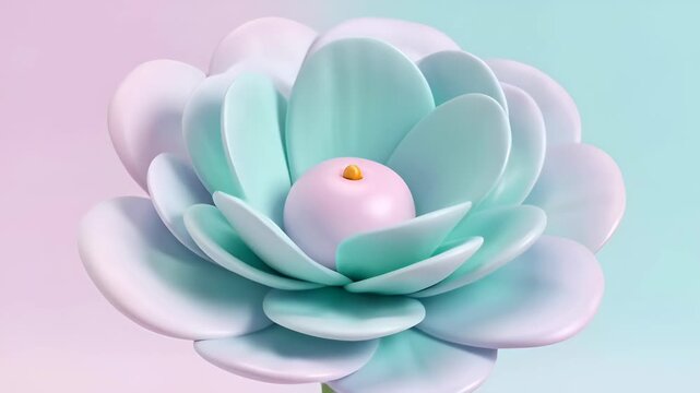 Pastel botanical flower bloom with soft pulse, smooth petal layers, delicate blossom details, and calm spring light on pink and blue gradient background