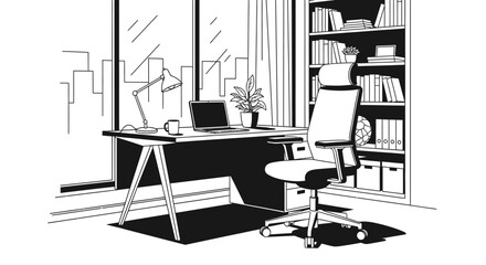 Modern home office illustration desk laptop chair bookshelves and window view © galendra