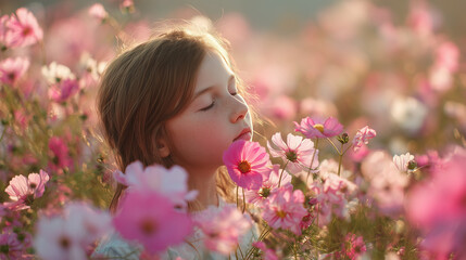 Fototapeta premium Young girl smelling pink cosmos flowers in a blooming field during springtime, capturing beauty, innocence, nature, and peaceful outdoor moments.