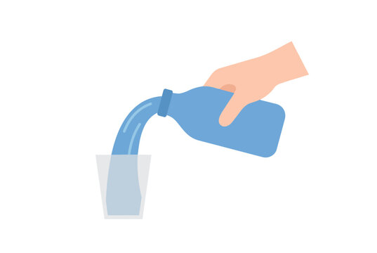 Hand pouring water from a blue bottle into a clear glass minimal clean background simple composition soft colors