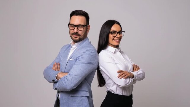 Smiling business colleagues standing back to back with crossed arms