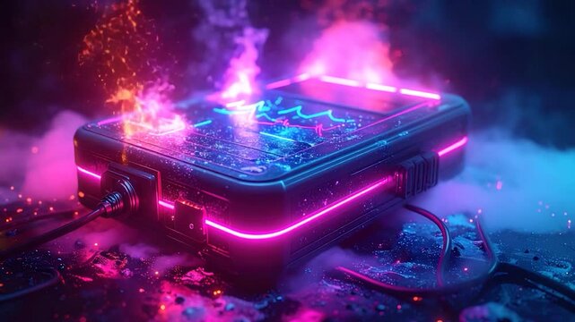 Futuristic device with glowing neon lights, emitting smoke and flames in a dark setting