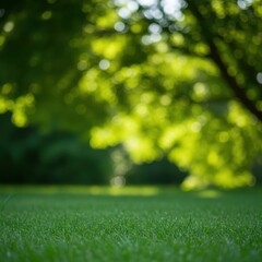 Naklejka premium Green Grass and Blurred Trees in a Sunny Park.