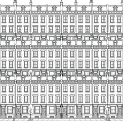 Urban townhouse façade elevation CAD line art with repeating window grid, balconies, cornices and storefront detailing for architectural street elevation studies and city planning drawings © PrimePixel Co